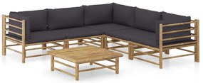 6 pcs conj. lounge jardim em bambu c/ almofadões cinza-escuro