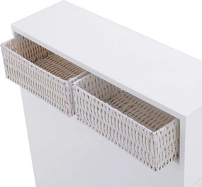 Armário de casa de banho estreito com rodas Organizador com gavetas extraíveis Cestos de vime e suporte para escovas de sanita Branco