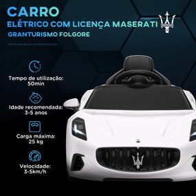Carro Elétrico para Crianças Maserati Gran Turismo Folgore 12V Controlo Remoto Faróis Buzina e Música MP3 98x59x43 cm Branco