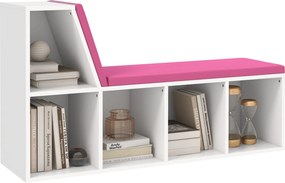 Banco-biblioteca 2 em 1 com 5 compartimentos de arrumação e 2 almofadas, 108 x 30 x 60 cm, branco e rosa