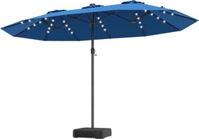 Guarda-sol duplo 460 x 285 cm com 48 luzes LED, 3 aberturas de ventilação, 12 varas, base e manivela para jardim, terraço e piscina – azul