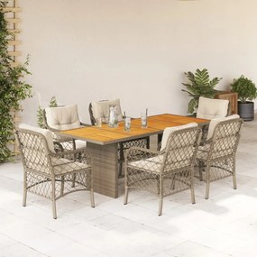 vidaXL 7 pcs conjunto de jantar p/ jardim com almofadões vime PE bege