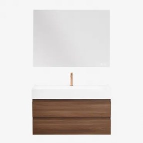 Conjunto De Móvel De Casa De Banho Em Madeira E Chapa De Freixo Com Lavatório Integrado Ona Madeira Escura & Retangular Led - Sklum