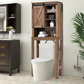 Armario de Armazenamento Sobre a sanita com porta deslizante Prateleiras ajustáveis ​ 67 x 25 x 172 cm para casa de banho Castanho