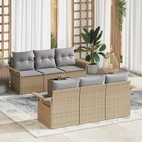 vidaXL Conjunto de Sofá de Jardim de 7 Peças com Almofadas Bege Rattan Poliéster