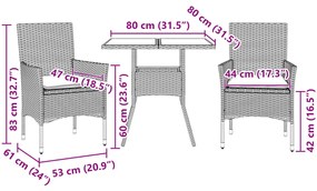 3 pcs conjunto jantar jardim com almofadões vime PE/vidro bege