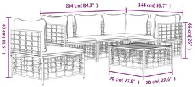 6 pcs conjunto lounge de jardim c/ almofadões vime PE antracite