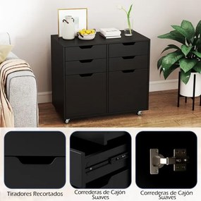Armário de Escritório e 2 portas Móvel com gavetas móveis e 5 rodas 73 x 40 x 64,5 cm Preto