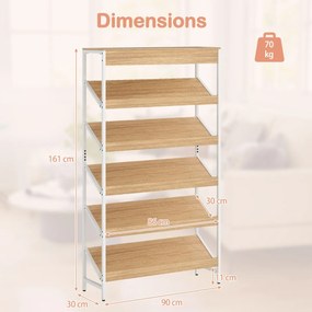 Estante de 6 níveis 90 x 30 x 161 cm inclinada com estrutura metálica resistente de madeira natural