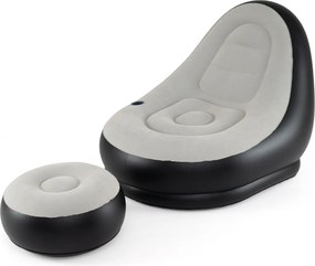 Sofá insuflável com pufe portátil, superfície felpuda e porta-copos integrado Sem bomba, para uso no exterior, interior e acampamento, cinzento + pret