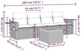 5 pcs conjunto sofás de jardim com almofadões vime PE preto