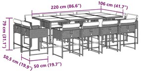 13 pcs conj. jantar jardim c/ almofadões vime PE cinzento-claro