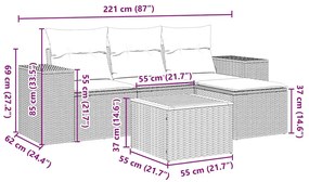 5 pcs conjunto sofás de jardim com almofadões vime PE preto