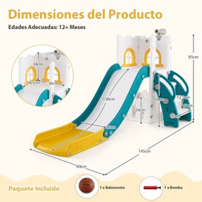 Escorrega infantil 6 em 1 para crianças com cesto de basquetebol e telescópio, com espaço de arrumação amarelo e verde