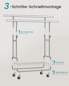 Guarda roupa aberto, cabide ajustavel, com prateleira e ganchos 52,5 x (107-149,8) x (144,2-164,2) prateado
