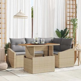 vidaXL Conjunto de 5 Peças para Jantar no Jardim com Almofadas Bege Rattan Sintético Acácia
