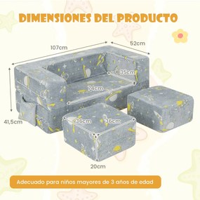 Sofá Infantil com Pufes Sofá Infantil Dobrável e Luminoso com Capa Removível e Lavável para Bebês 107 x 52 x 41,5 cm Cinza