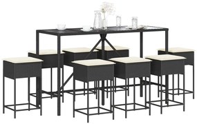 9 pcs conjunto de bar para jardim c/ almofadões vime PE preto