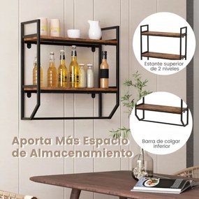 Prateleira flutuante de 2 níveis com toalheiro com estrutura metálica para parede de sala, cozinha e casa de banho 59 x 20 x 58 cm Castanho