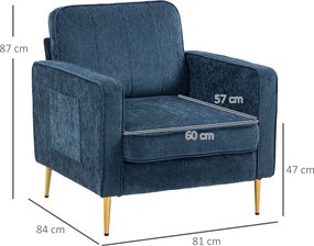 Poltrona em tecido com pés em aço dourado, muito confortável, com bolsos laterais, para sala de estar, escritório, quarto, azul