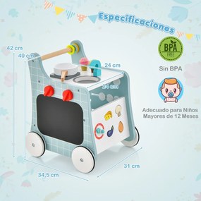 Andarilho de madeira 6 em 1 Centro de actividades de empurrar e puxar 6 em 1 mais de 12 meses Azul