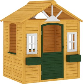 AIYAPLAY Casa de Brincar Infantil Madeira Casa de Jardim Exterior com Porta 3 Janelas 2 Floreiras para Crianças de 3-8 anos 134,5 x 97 x 150 cm Castanho | Aosom Portugal