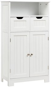 Armário de casa de banho com prateleira aberta 2 portas e 2 gavetas 60 x 30 x 109 cm Branco