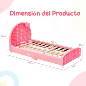 Cama infantil Estrutura de cama infantil com cabeceira e estribo macios para meninas com 6 pés estáveis ​​ajustáveis ​​152 x 77 x 70 cm rosa