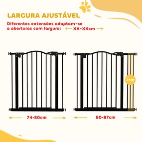 Barreira de Segurança para Cães com Largura Ajustável 74-80 cm e Extensões para Escadas e Portas Preto