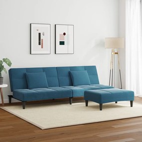 Sofá-cama 2 lugares c/ apoio de pés veludo azul