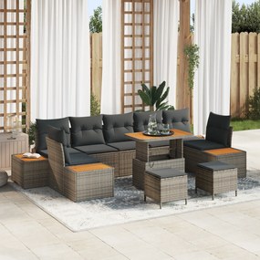 Conjunto de Sofá de Jardim vidaXL 10 Peças com Almofadas Cinza Rattan Poliéster Acácia