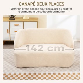 Sofá de 2 lugares em tecido bouclé, 142 (L) x 85 (P) x 73,5 (A) cm, com encosto e assento curvos, não requer montagem, bege