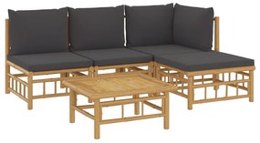 5 pcs conjunto lounge jardim bambu c/ almofadões cinza-escuro