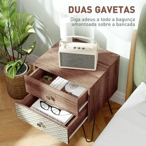 Mesa de Cabeceira com 2 Gavetas Pés de Aço Estilo Boémio Mesa de Cabeceira para Quarto Sala de Estar 45x39x55,5 cm Castanho