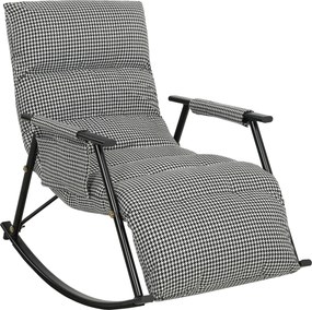 Poltrona Baloiço com Encosto e Apoia-Pés Ajustáveis 105° Estofada em Linho com Bolso Lateral e Estrutura de Metal Preto e Branco