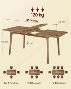 Mesa de jantar com tampo extensível 85 x (140/160/180) x 76,2 cm castanho mel