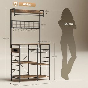 Armario de Cozinha com Três Tomadas e Luzes LED Estilo Industrial com Prateleiras para Micro-ondas 80x42x162 cm Castanho Rústico e Preto