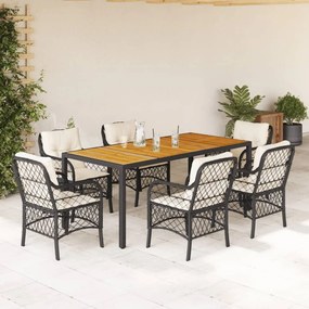 7 pcs conjunto de jantar p/ jardim c/ almofadões vime PE preto