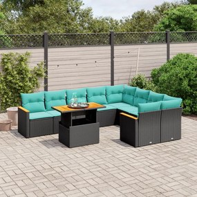 vidaXL 10 pcs conjunto de sofás p/ jardim c/ almofadões vime PE preto
