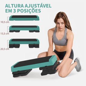 Step para Fitness Antideslizante Altura Regulável 3 Níveis de 10,5/15,5/20,5 cm Capacidade 250 kg 77x36x20,5 cm Verde e Preto