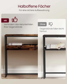 Mesa consola estreita com dois níveis e compartimentos semiabertos 24 x 100 x 80 cm Castanho vintage + Preto