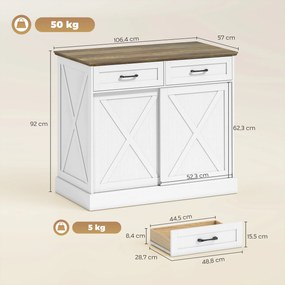 Ilha central de cozinha 106,4 (L) x 57 (P) x 92 (A) cm (BANCOS NÃO INCLUIDOS), móvel de arrumação com 2 gavetas e 2 portas de correr, prateleira ajust