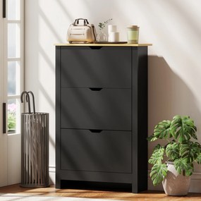 Sapateira com 3 portas 72 (L) x 26 (P) x 112 (A) cm basculantes e 2 compartimentos, em aglomerado de partículas, em cor de carvalho e preto