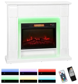 Lareira Elétrica com Efeito de Chama 3D e Tira de Luz LED RGB 1800W Temporizador  para 30 m² 105x27x97 cm Branca