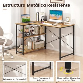Secretária em forma de L com prateleira ajustável com estrutura metálica resistente para escritório em casa Castanho e Preta