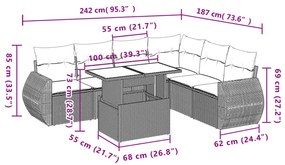 7 pcs conjunto de sofás p/ jardim com almofadões vime PE bege