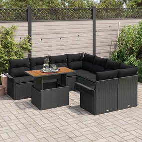 Conjunto de sofá de jardim com 9 peças e almofadas pretas em rattan si