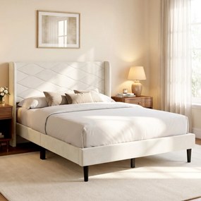 Cama Estofada 140x200 cm  (COLCHÃO NÃO INCLUIDO)  com Cabeceira Acolchoada com Abas em Veludo, Ripas de Madeira, Montagem Fácil, Bege