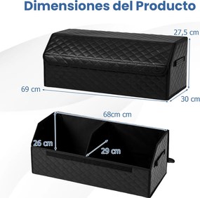 Organizador dobrável para porta-malas Carro 51L com tampa acolchoada em couro 30 x 69 x 27,5 cm e divisória ajustável Grande capacidade Preto