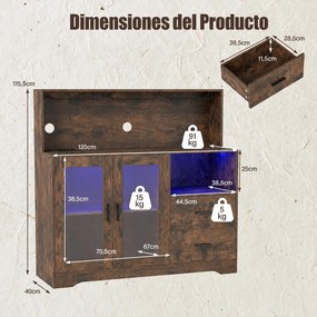 Móvel Bar, 120 x 40 x 115,5 cm, Iluminação LED RGB, Castanho